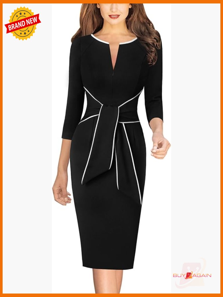 Front Zipper Tie Waist 3/4 Sleeve Slim Fitted Bodycon Pencil Dress